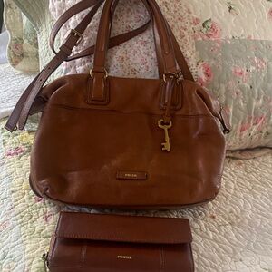 Fossil Tan Leather Shoulder Bag and Wallet Set